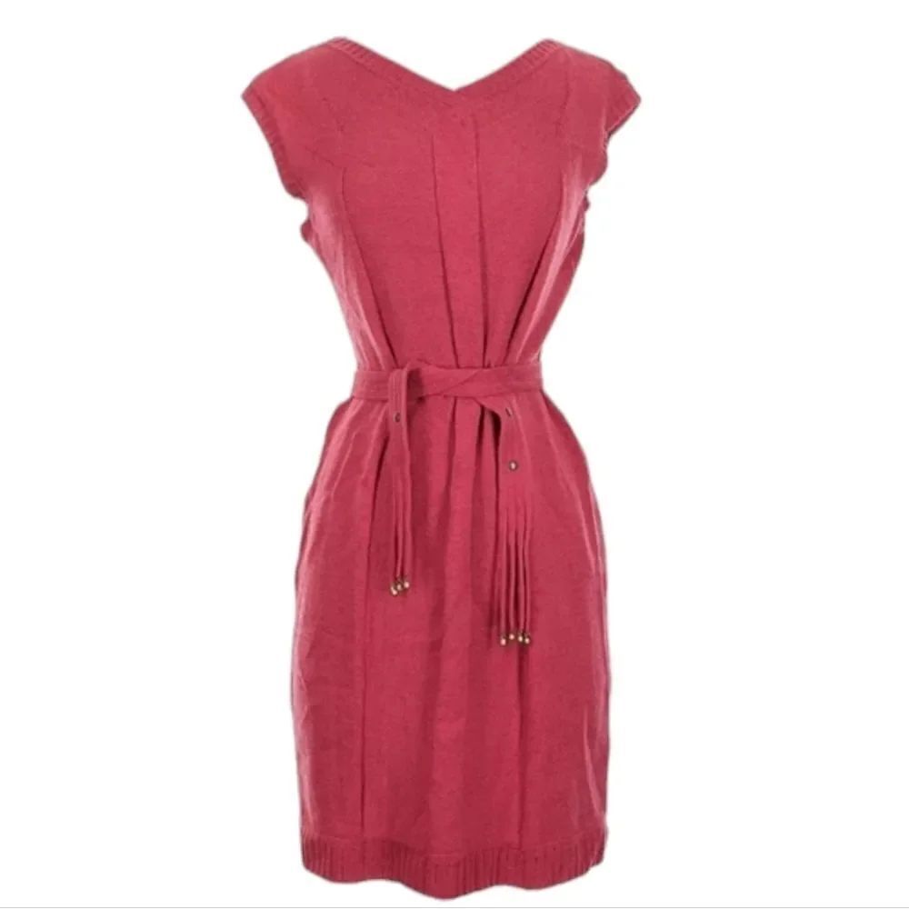 St. John Knit Sweater Dress Mini Belted With Studs And Beads Red Size S